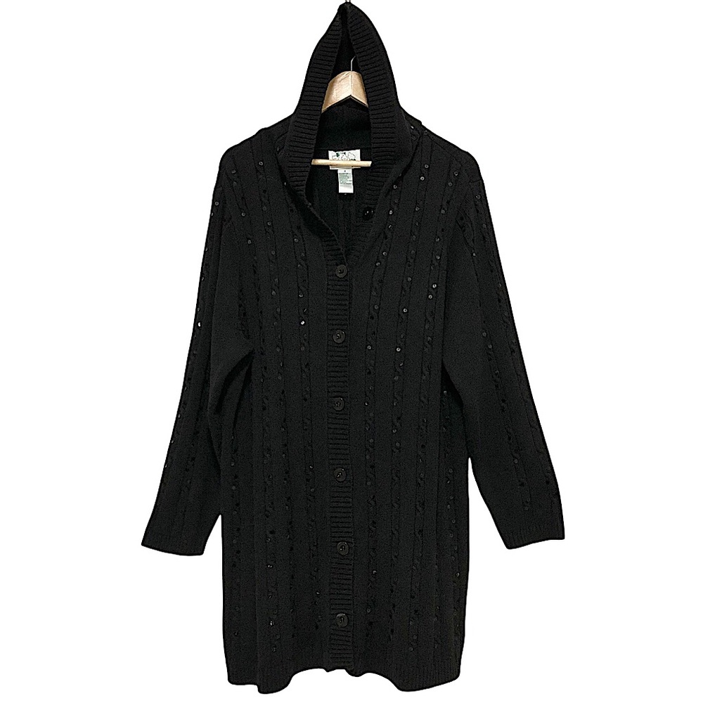 The Quacker Factory Vtg. Hong Kong Black Knit Sequin hooded Buttoned Cardigan 1X